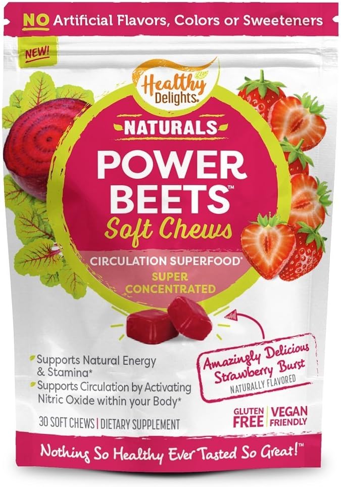 Plaisirs en santé Naturelles Betteraves d'énergie Mâches douces, Delicious Strawberry Burst, Supplément super-alimentaire concentré, soutient la circulation, l'énergie naturelle et l'endurance, 30 comtes