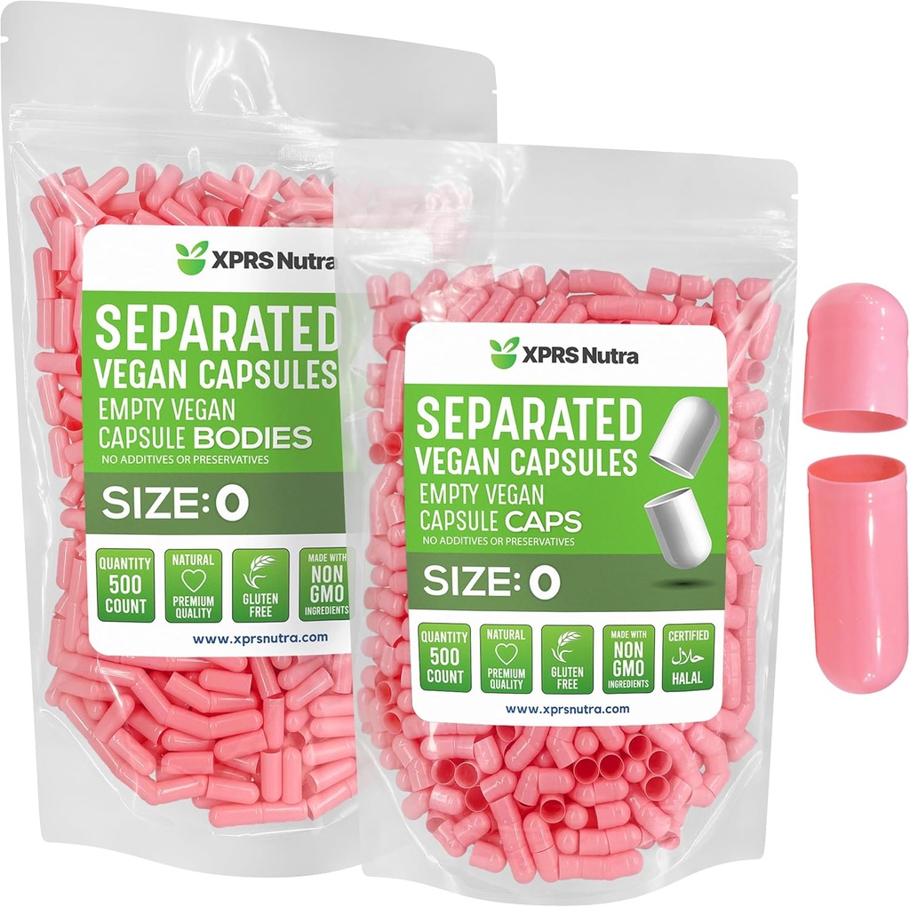 XPRS Nutra Vegan Größe 0 Getrennte Kapseln - 500 Count Premium Leere Kapseln Getrennt in Taschen - Pillen 0 Leer für DIY Ergänzung Füllung (Pink)