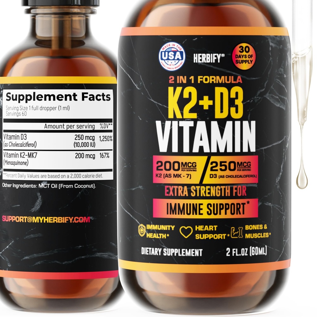 Vitamin D3 K2 Tropfen – Flüssige Vitamine für Frauen, Männer & Teen - Knochenstärke-Ergänzungen - D3 K2 Mt Vitamine für Immununterstützung & Herzgesundheit - Vitamin D3 10000 Iu Liquid K2 Tropfen – 2 Unzen