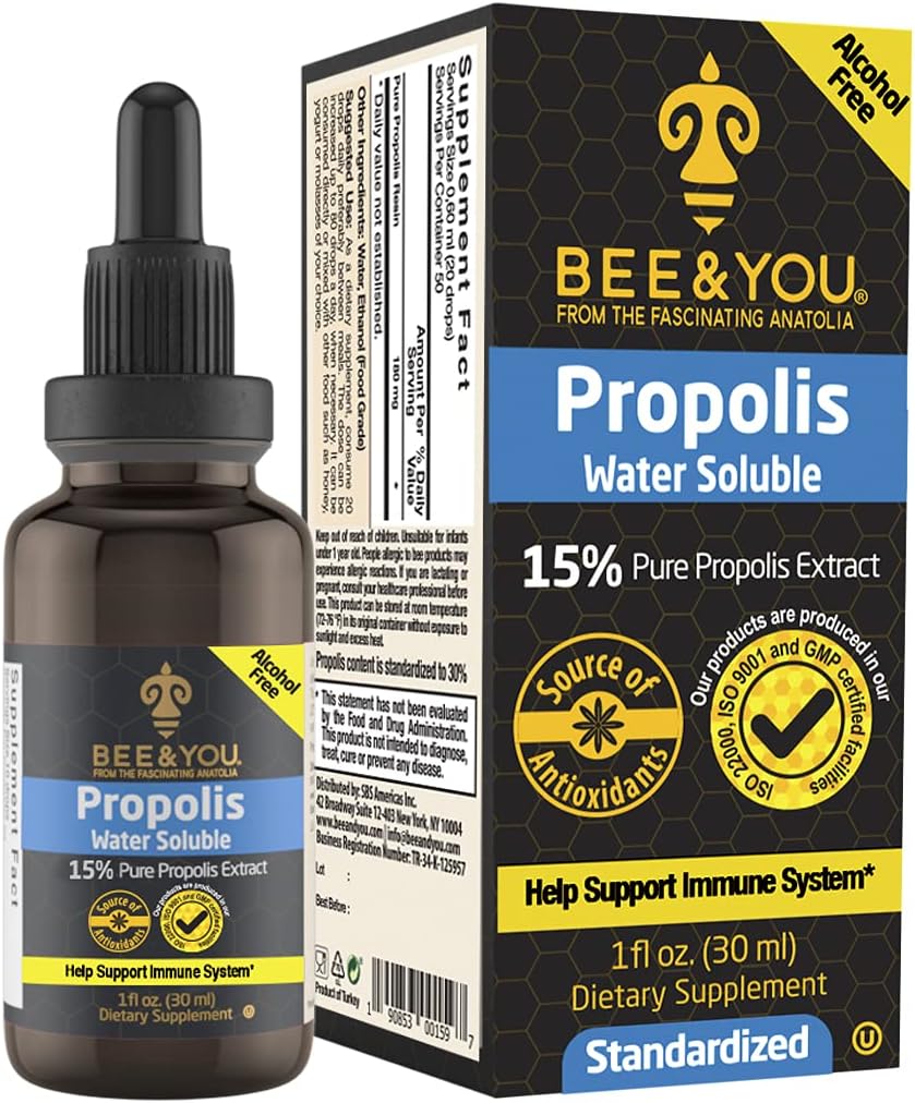 BEE und Sie 15% reine Propolis Wasser lösliche Extrakt - Hohe Potenz - Zero Sugar - Zero Calorie - Natürliche Immununterstützung &amp; Sole Throat Relief Antioxidantien, Keto, Paleo, Glutenfrei, 1 Fl Oz