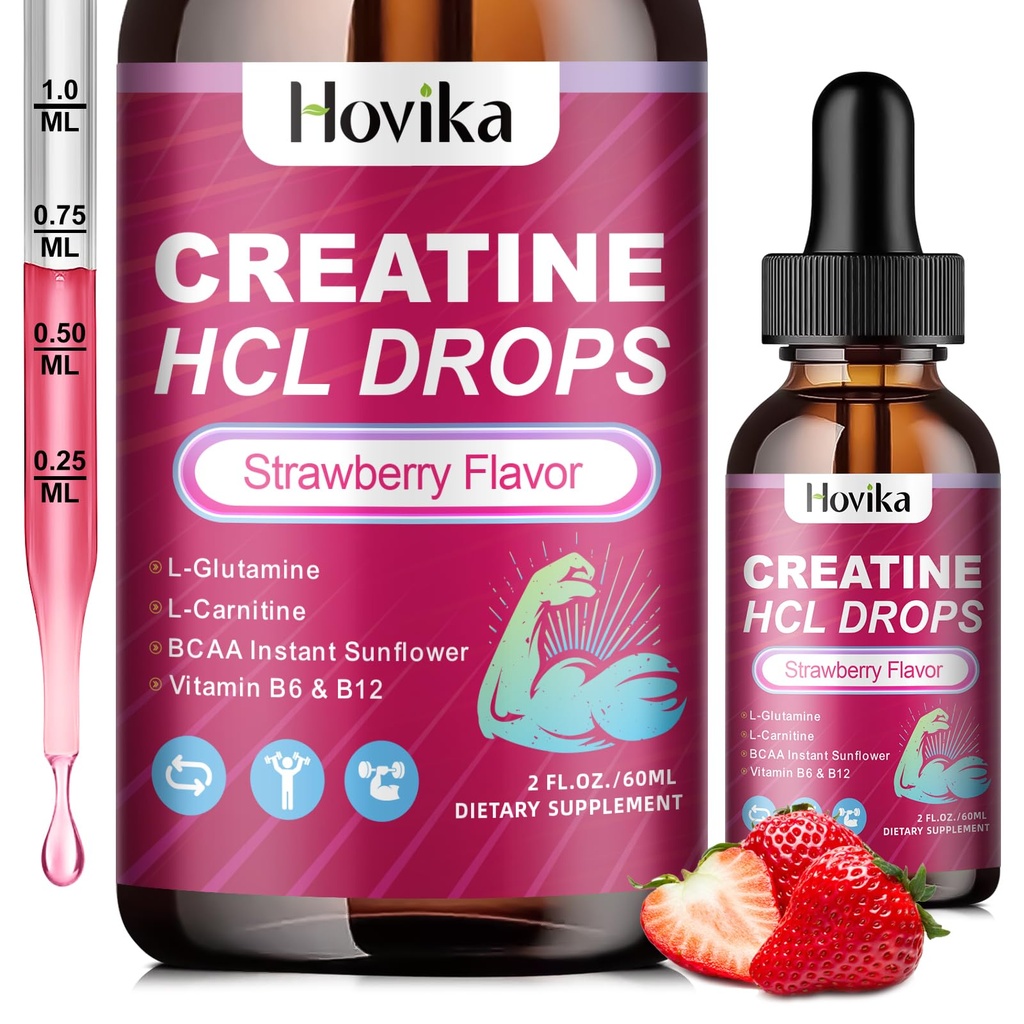 Kreatin HCL Flüssige Tropfen für Männer & Frauen, Kreatin-Hydrochlorid mit L-Carnitin, L-Glutamin, BCAA, Vitamin B12 & B6 für Muskelwachstum, Promote Energy & Recovery-Vegan, Erdbeeren Geschmack, 2 Fl Oz