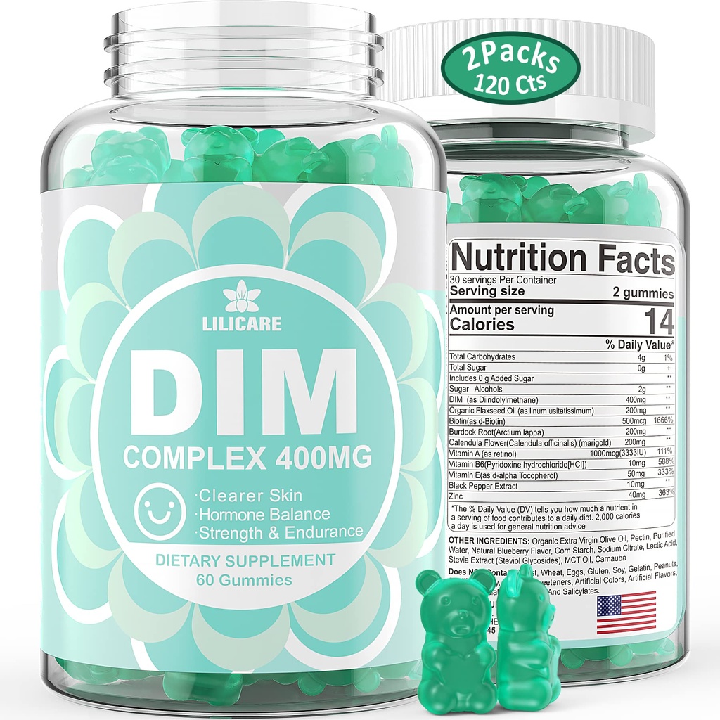 Supplément DIM Femmes 400mg, Supplément Estrogen pour les femmes, Gummées DIM sans sucre pour les hommes et les femmes + Biotine, Huile de lin, Burdock, Calendula, BioPerine pour l'équilibre hormonal, la ménopause et la prostate 120Cts