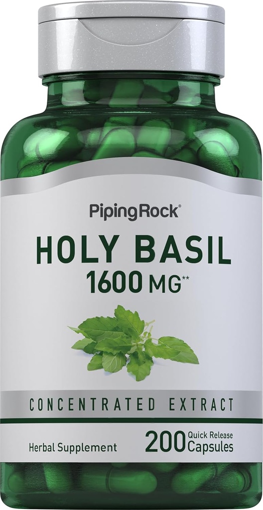 Piping Rock Heilige Basil Kapseln | 1600 mg | 200 Pillen | Kräuter Blatt Extrakt | Ergänzung für Frauen und Männer | Ocimum Tenuiflorum | Non-GMO, Glutenfrei