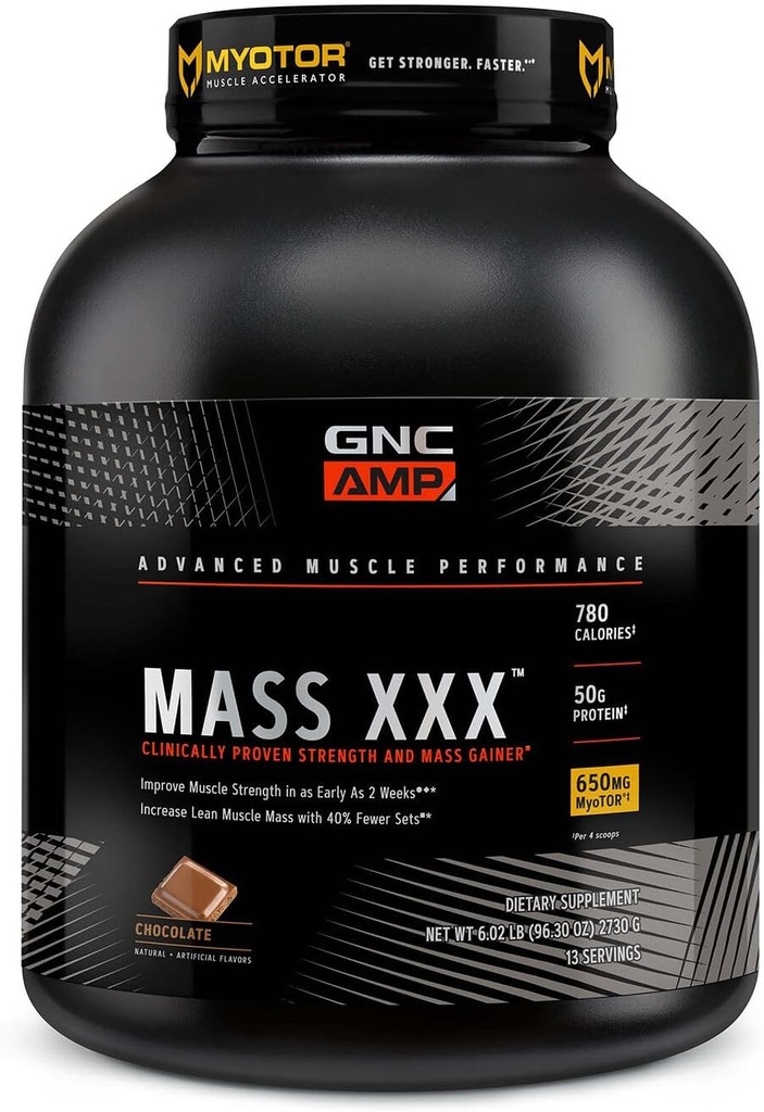 GNC AMP Maß XXX, Clinical Proven Weight Gainer Protein Powder, verbessert Stärke und Größe, 780 Kalorien, 50g Protein, Micronized Amino Acids, Kreatin, Betaine, Schokolade, 13 Portionen, 6 Pfund