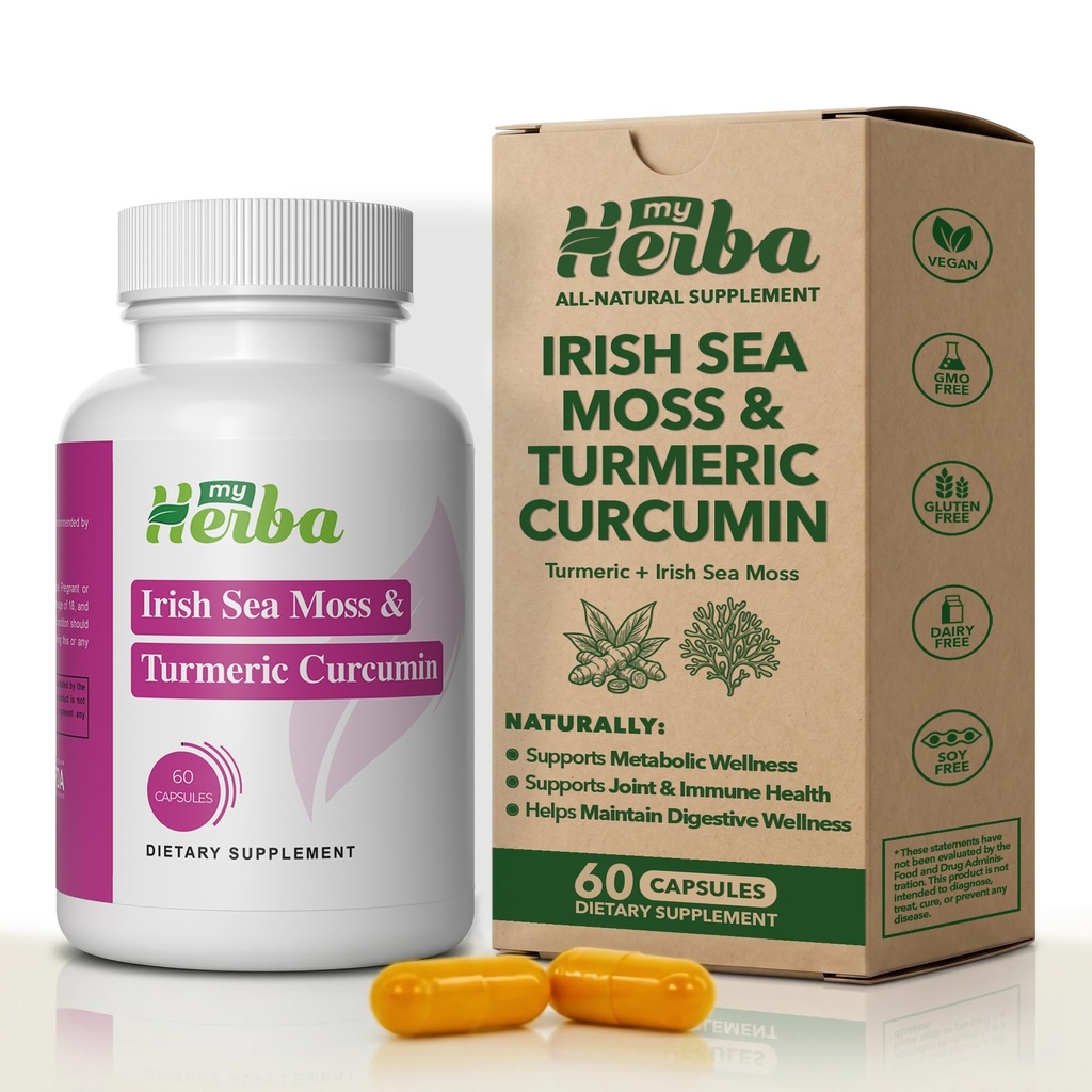 Supplément de Curcumine de la Mousse de Mer et Curcumine Turcuma - Formule Vegan avec Moss de Mer Irlandais Bio & Extrait de Turcuma Standardisé (95% Curcuminoïdes), Soutien Joint et Mobilité pour Adultes, 60 Capsules