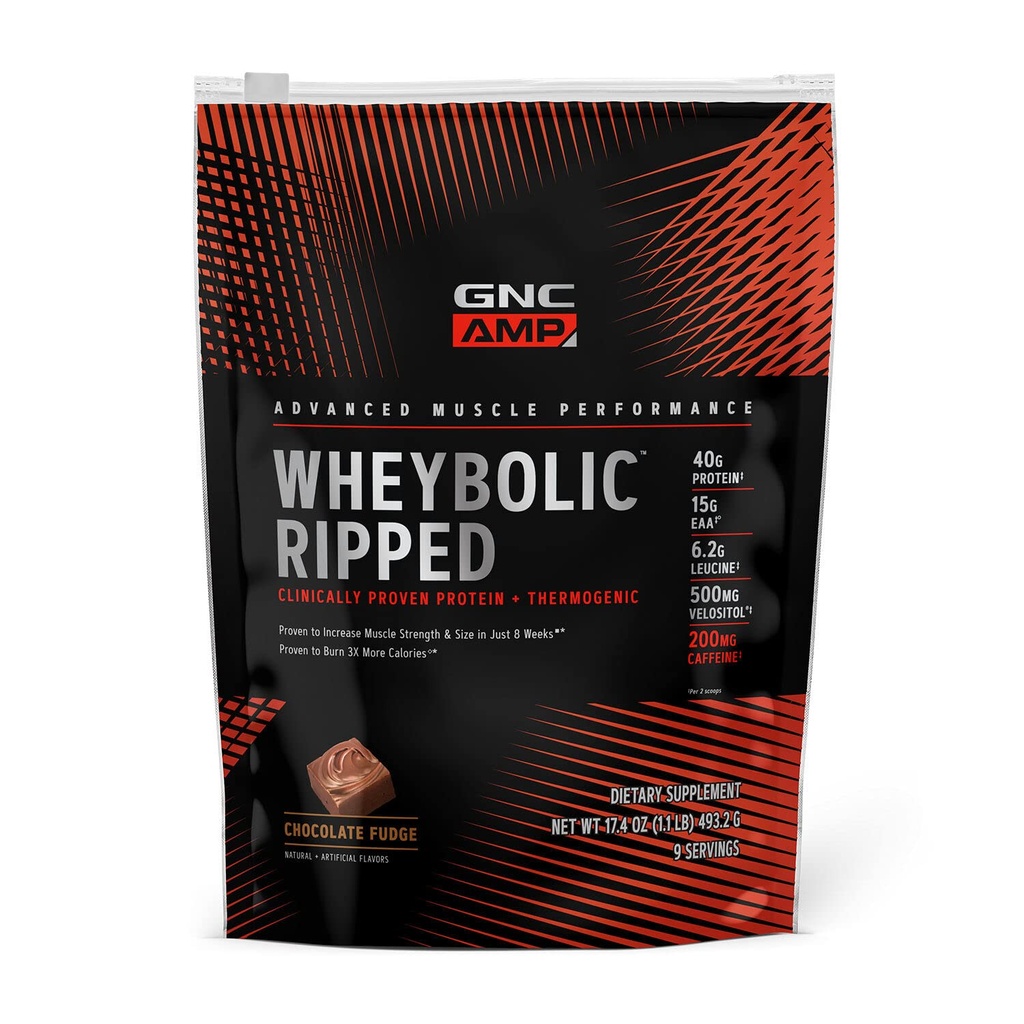 GNC AMP Wheybolic Ripped Protein Powder & Thermogenic Supplement, erhöht Muskelkraft & Größe, Energie & Endurance, 40g Protein, 6.2g Leucine, 15g EAA, Koffein, Schokolade Fudge, 9 Servieren