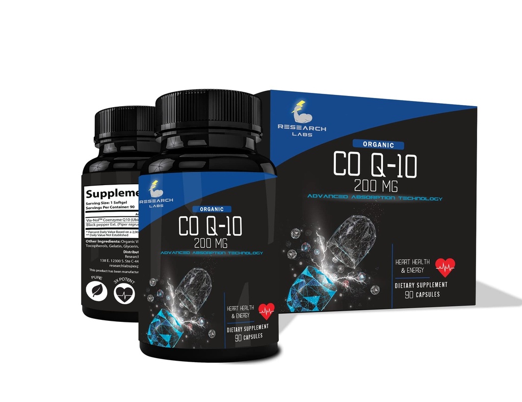 Laboratoires de recherche Absorption avancée 200mg CoQ10 avec extrait de poivre noir. 90 Softgels. Organique, sans gluten, soutien de santé cardiaque, production d'énergie, supplément antioxydant