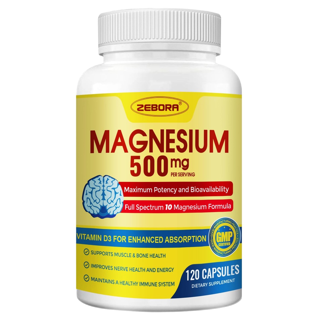 10-in-1 Magnesium Complex Supplement, Magnesium Glycinat 500mg mit Citrat & Malat, Chelat High Absorption Plus Vitamin D3 & Zink - für Nerve, Muskel & Knochen Unterstützung - 120 Kapseln