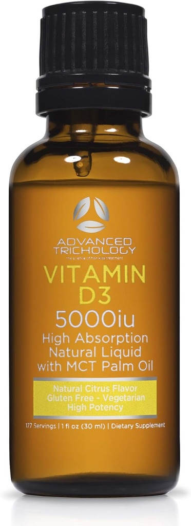 Fortgeschrittene Trichologie Vegetarisches flüssiges Vitamin D3-5000 iu Hohe Absorption - 1000 iu pro Tropfen - 6 Monate Versorgung - Glutenfrei 365 VIT D - 1 flüssige Unze (Pack mit 1)