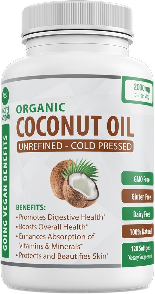 Bio Kokosöl Kapseln 2000mg - 100% extra Virgin, kalt gepresst für gesunde Haut, extra Haarwachstum, Nagelpflege, Gehirn Booster - 120 Softgels - Unrefined Pure & Non GMO Pillen - Reich an MCT
