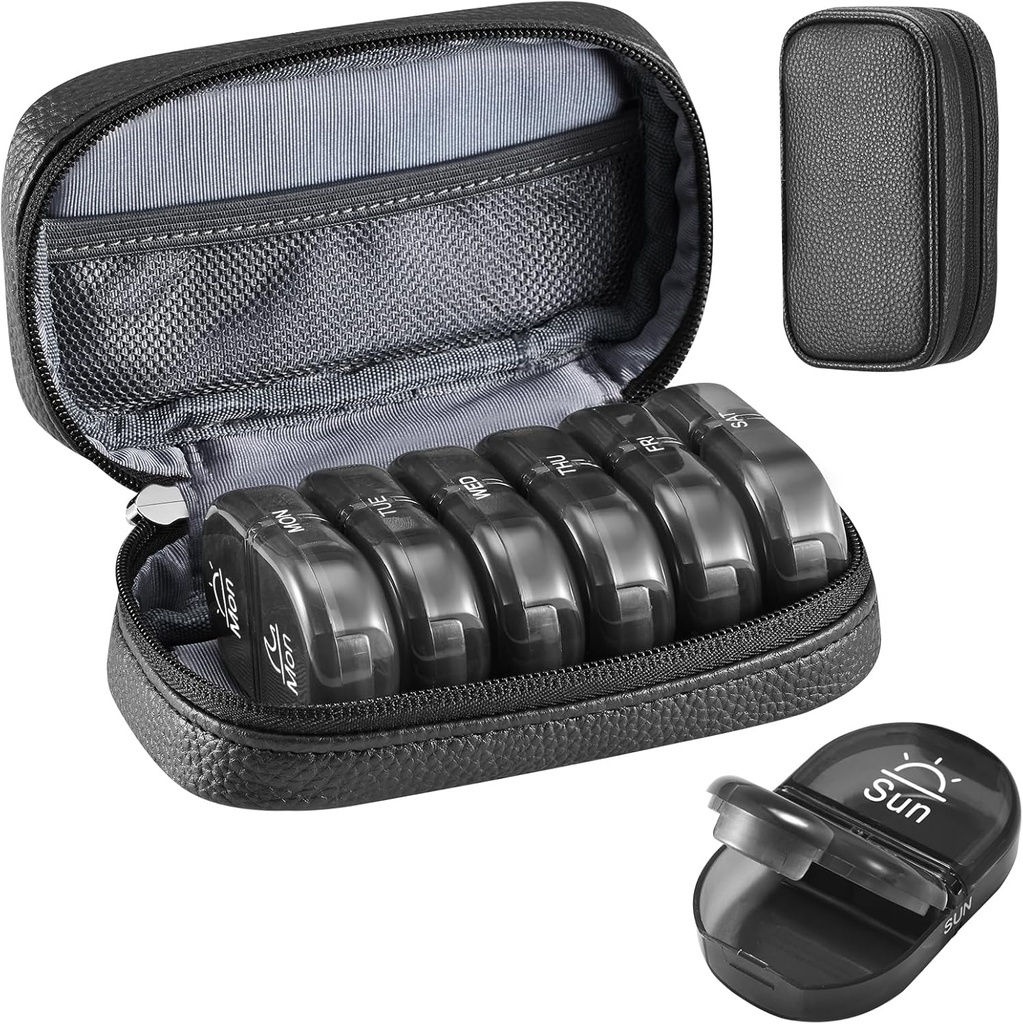 Serfeymi Weekly Travel Pill Organizer 2 Mal A Day AM Upgraded Black Pill Box 7 Tage mit tragbaren Reißverschluss PU Leder Pille Case, Medizin Organizer für Pillen, Vitamine, Fischöle - Schwarz 01