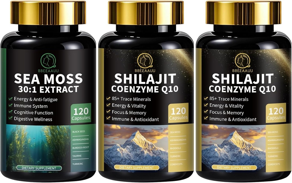 Sea Moss und Shilajit Kapseln für Männer und Frauen, Alle in 1 Ergänzungen mit Shilajit, Sea Moss, Coenzym Q10, Black Seed, Ashwagandha, Burdock for Energy, Antioxidant & Immune Support