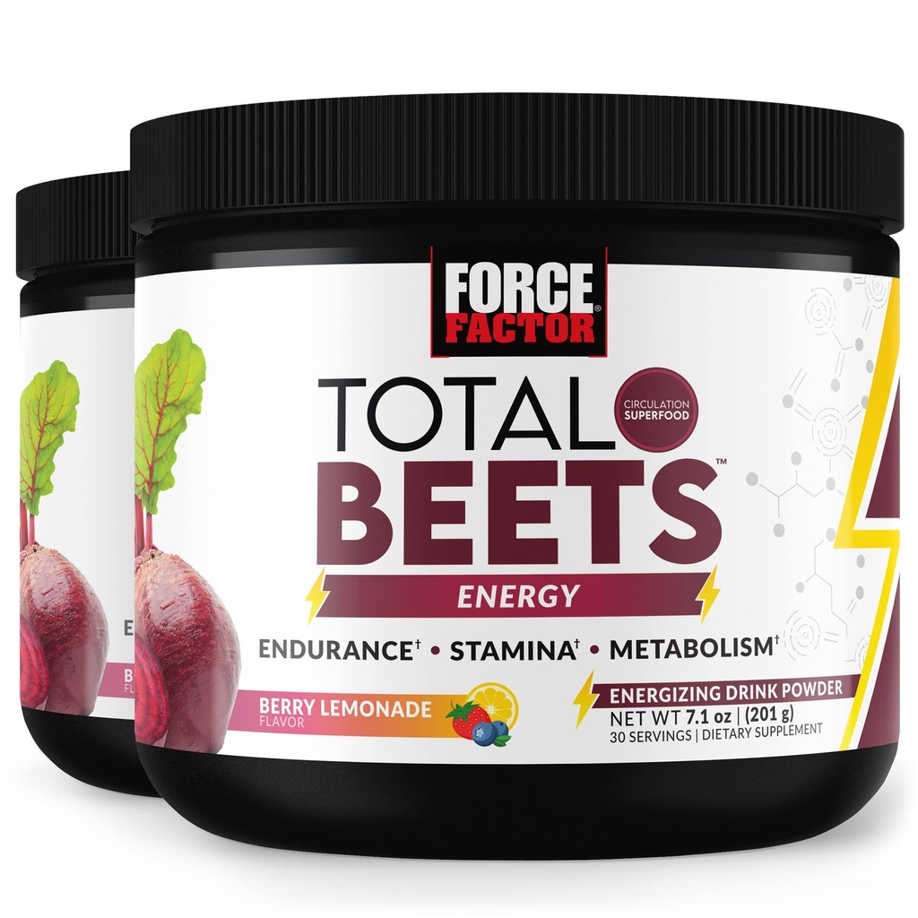 FORCE FACTOR Total Beets Energy Drink Mix 2-Pack, Superfood Beet Root Powder, Nitrate to Boost Energy, Unterstützung Zirkulation, Blutfluss, Nitric Oxide und Stamina, Herzgesundheitsergänzung, 60 Portionen
