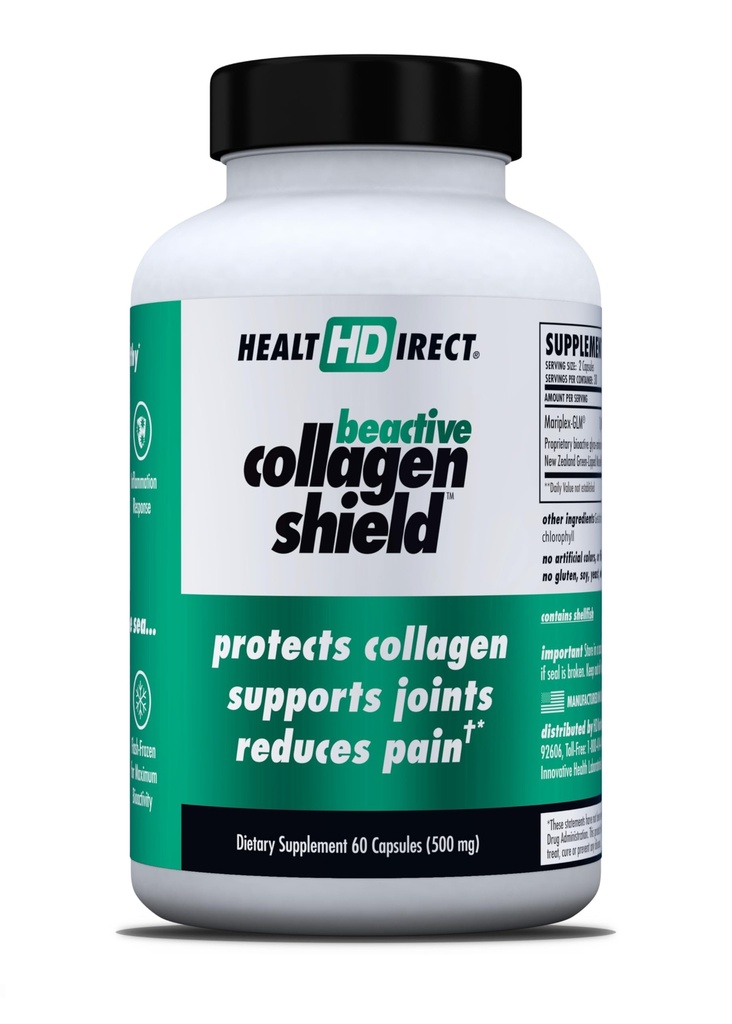 DIRECT SANTÉ - Bouclier de collagène BeActive - 60 capsules - Supplément de moule de couleur verte pour la protection du collagène - Supporte le collagène dans la peau, les articulations et les muscles