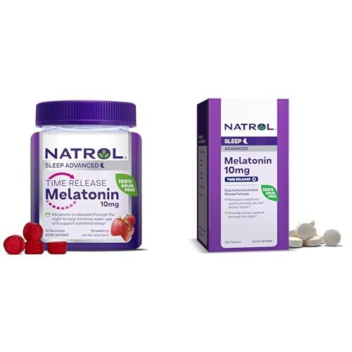 Ensemble de temps de libération de Natrol Melatonine 10 mg 100 comprimés, complément alimentaire pour le sommeil reposé, et de libération de temps de Natrol Melatoning 3mg Gummies, 35 Mélatonine aromatisée fraise, 35 jours d'approvisionnement