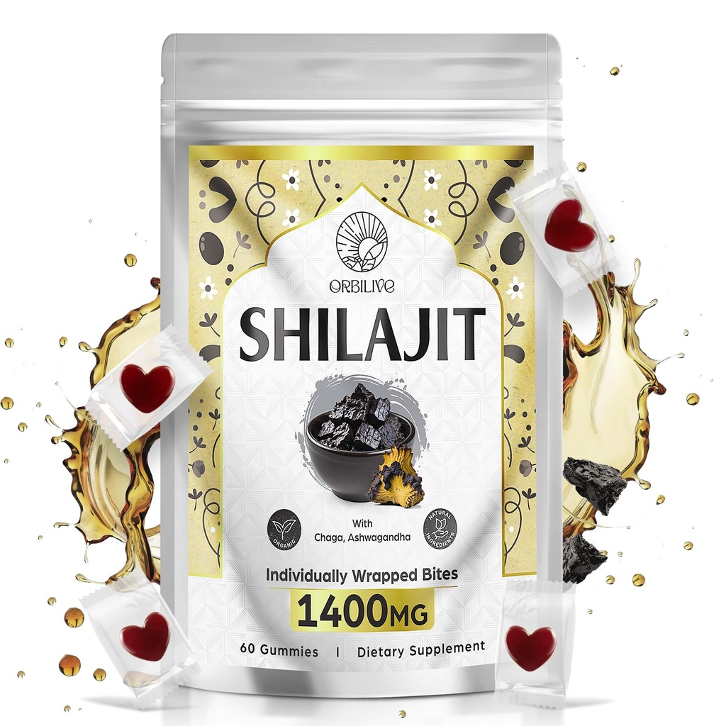 1400 MG Shilajit Gummies, Shilajit Pure Himalaya Gummies organiques avec Ashwagandha, Himalayan shilajit pour hommes, 85+ Minéraux traces et acide fulvic, emballés individuellement, sans sucre, 60 comptes