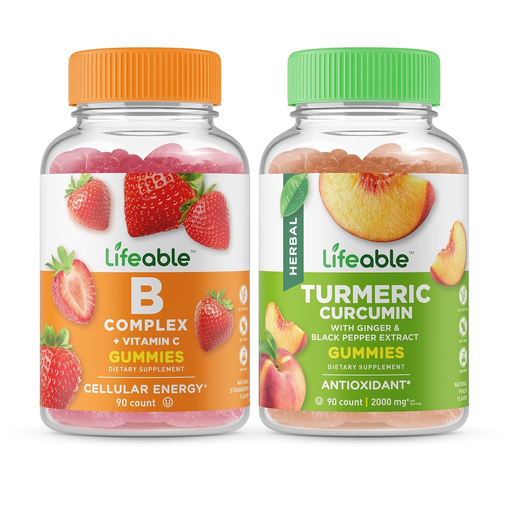 Complexe Lifeable B + Curcumine curcuma, Gummies Bundle - Grande dégustation, supplément de vitamine, sans gluten, sans OGM, à croquer