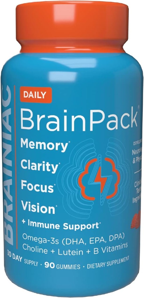 Brainiac Daily BrainPack Gummis, unterstützt Gehirngesundheit mit Omega 3 DHA EPA DPA, Choline, B6 & B12 und Lutein für Augengesundheit mit Immununterstützung, Citrus Berry Flavor, 90 ct