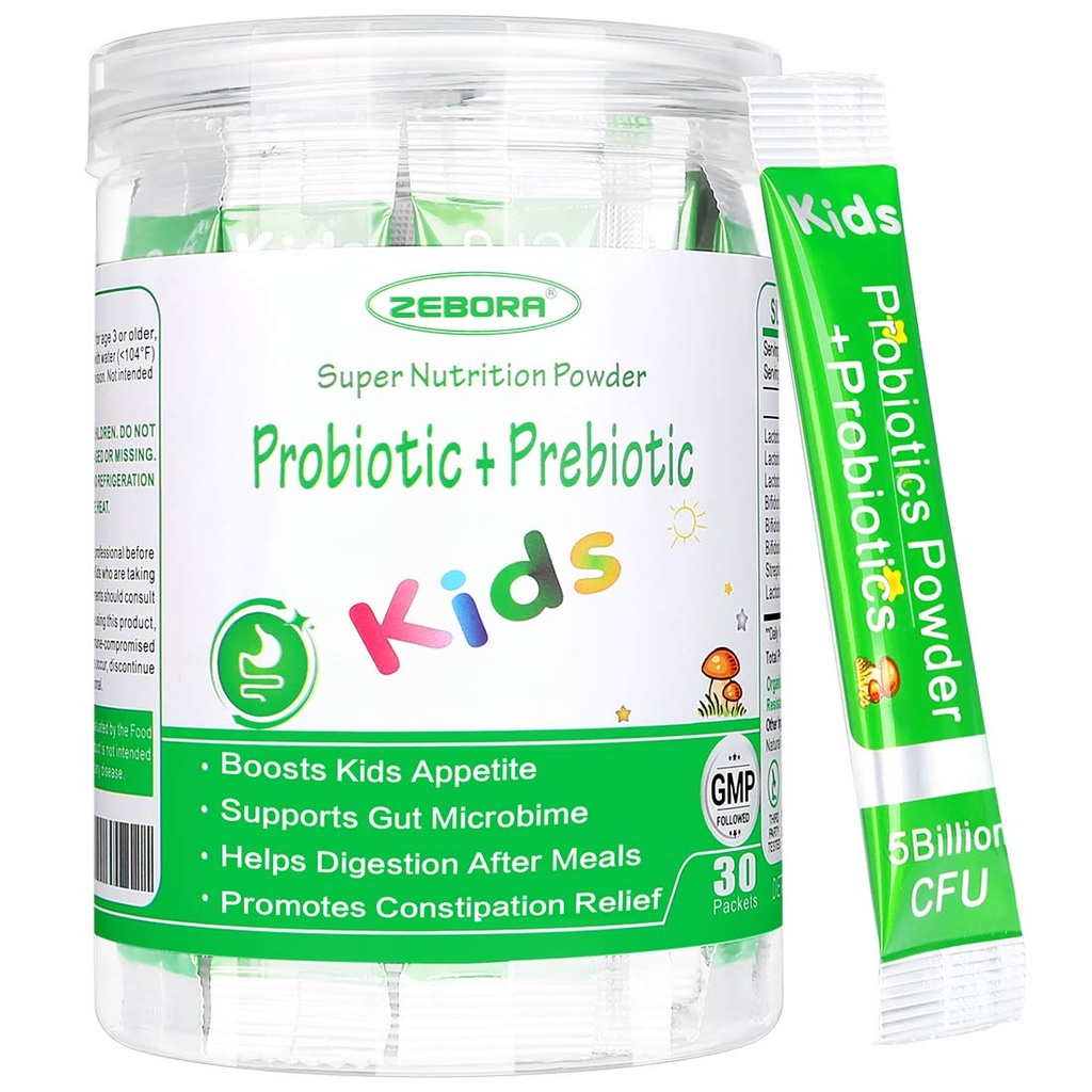 ZEBORA Enfants Probiotiques et prébiotiques Poudre Âge 3+ Soutien Système digestif et immunitaire pour enfants avec source naturelle, favorise le soulagement de la constipation, non-OGM, sans gluten, 30 paquets avec 5 milliards d'UCF