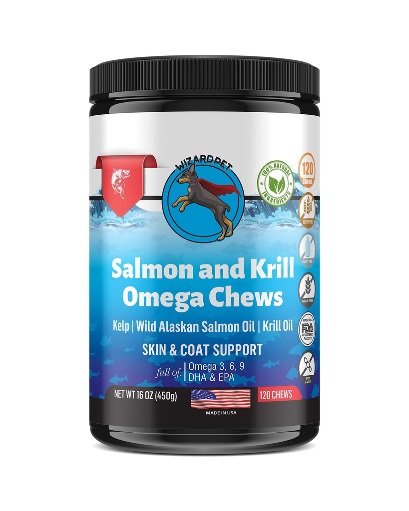 Saumon sauvage de l'Alaska Huile de krill Chews pour les chiens - 120 Soft Treats - Omega 3 6 9 Supplément de poisson EPA, DHA pour les articulations sans démangeaisons de la peau - Allergie Relief - Réduire le défrichement des cheveux - Fabriqué aux États-Unis