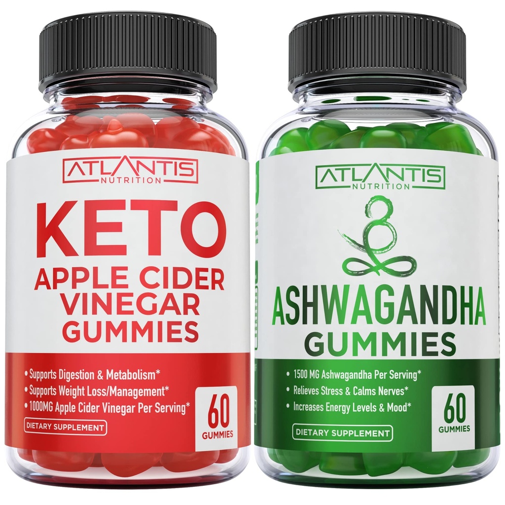 60 Gummies de cidre de pomme Keto Avancé Perte de poids + 60 Gummies Ashwagandha - 1500MG Ashwagandha Par service
