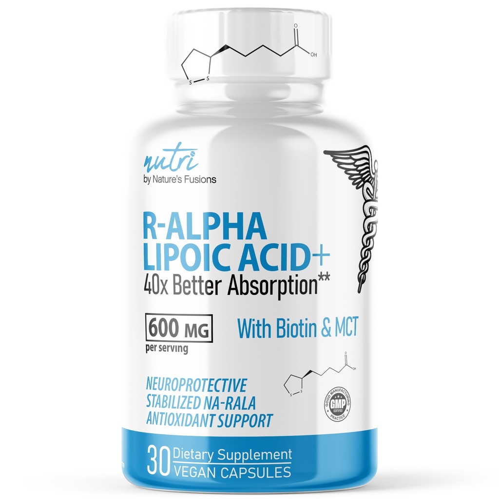 Acide alpha lipoïque Nutri R 600mg Capsules - Acide lipoïque R stabilisé avec Biotine - Forme active de R-ALA - 600 mg Posologie clinique - Powerful Cellular Energy Support - 30 Capsules Vegan - RALA