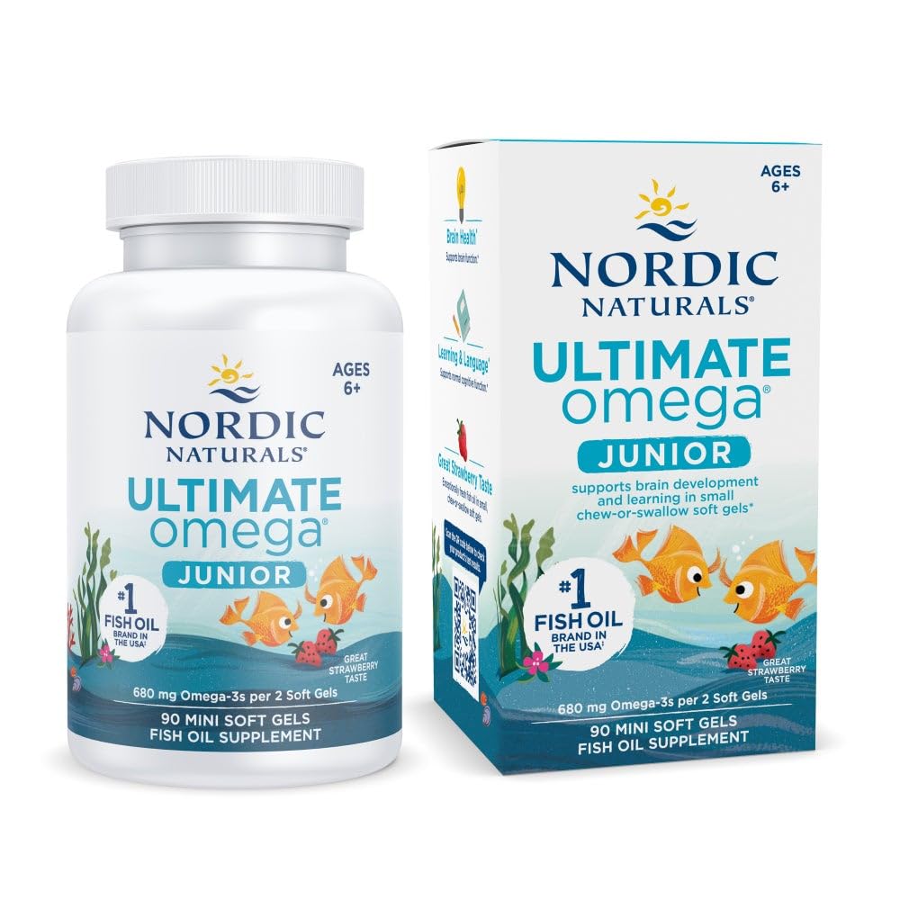 Nordic Naturals Ultimate Omega Jr., Fraise - 90 Mini Gels Soft - 680 Omega-3 Total avec EPA et DHA - Santé du cerveau, humeur, apprentissage - Non-OGM - 45 portions