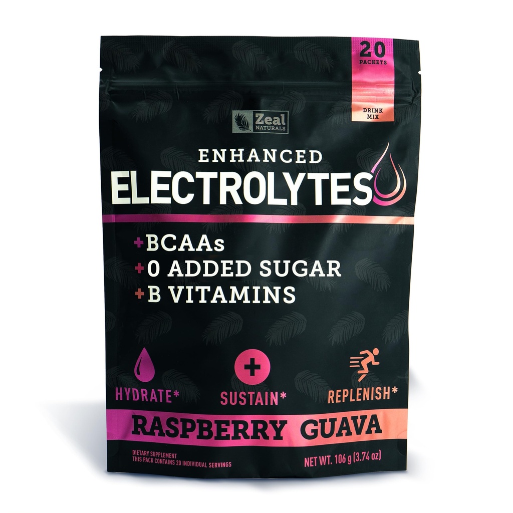 Verbesserte Elektrolyt-Pulver-Stick-Packs (Raspberry Guava | 20 Pakete) w/ 0 Zucker + BCAAs +B-Vitamine Elektrolyt-Ergänzung mit Kalium Zink & Magnesium für Hydration - Keto Elektrolyte