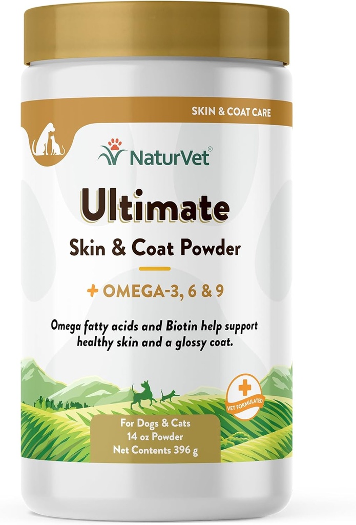 NaturVet Ultimate Skin and Coat Powder Plus Omega 3, 6 und 9 Ergänzung für Hunde und Katzen, Pulver, Made in USA mit Global Source Zutaten 14 Unze