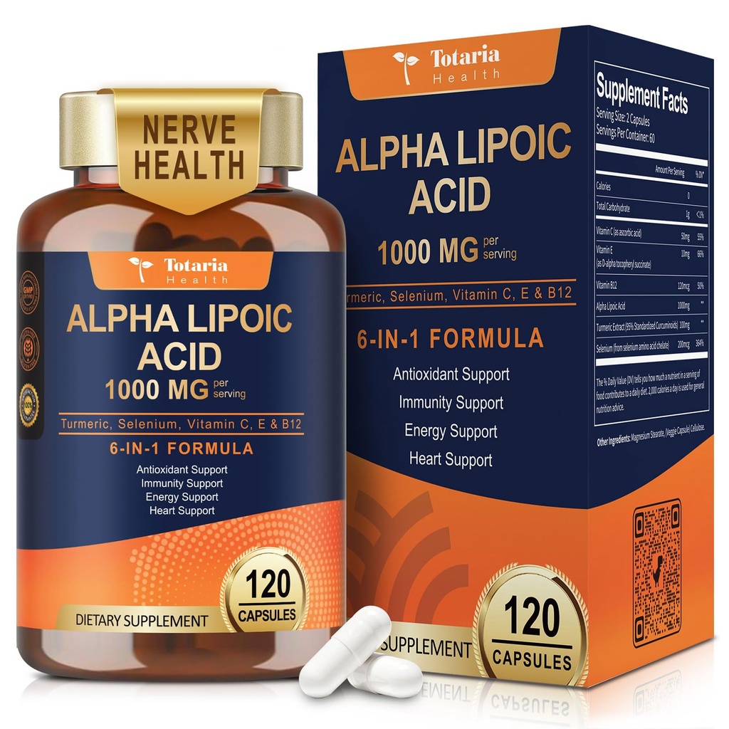 Totaria Alpha acide lipoïque 1000mg - supplément ALA antioxydant pour la neuropathie soutenir la santé nerveuse, détox hépatique, antioxydant, métabolisme et énergie cellulaire, anti-âge - non-OGM, sans gluten, sans végétalien