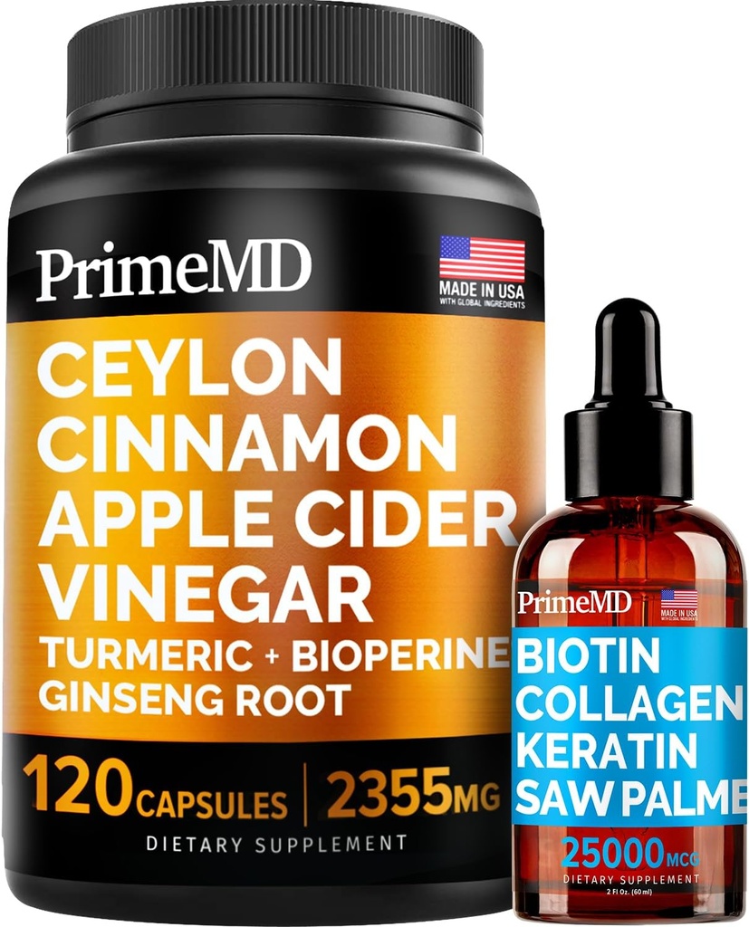 4-in-1 Liquid Biotin Collagen Keratin Saw Palmetto Tropfen (2 fl oz - 1 Pack) & 5-in-1 Ceylon Cinnamon w Turmeric & Ginseng Root (120ct) Bundle - Haar, Haut, Nägel, & Immununterstützungsergänzung