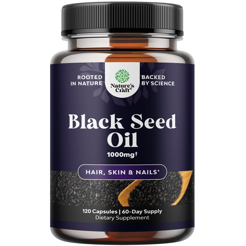 Cold Pressed Black Seed Oil Capsules - Vegan Nigella Sativa Black Cumin Seed Oil Capsules mit Omega 3 6 9 Antioxidantien und Thymochinon für Haarwachstum Immun Support Joint Health and Digestion