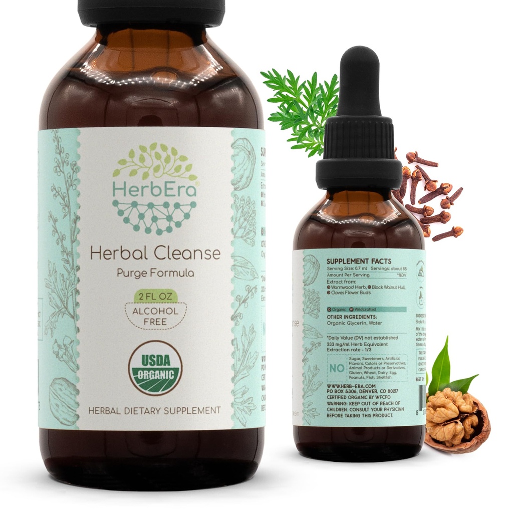 HerbEra Kräuterreiniger Bio-Alkohol-freie Tinktur | Detox und Cleanse Formel, Extrakt Ergänzung | Bio-Wurmholz Kräuter, Schwarz Walnuss-Hut, Gewürze Blume Buds | Purge Extract (2 fl oz)