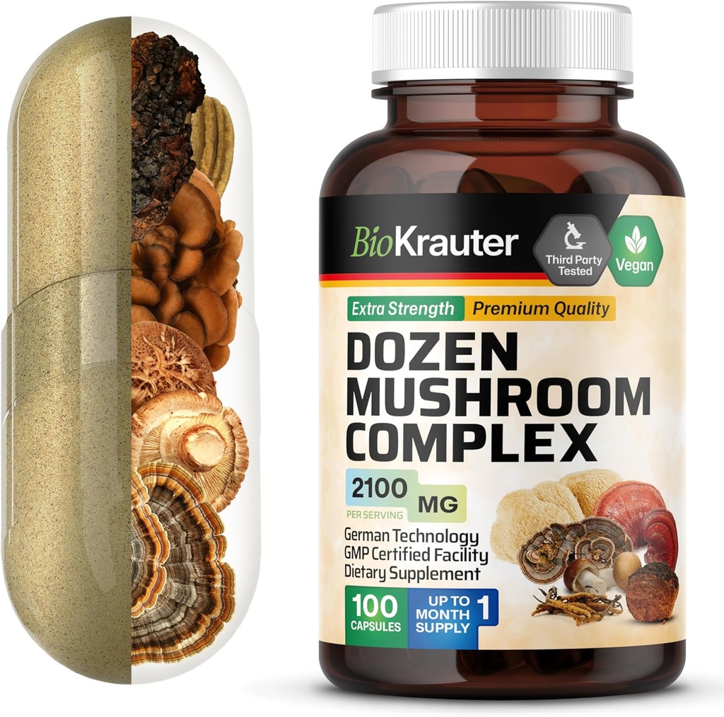 BIO KRAUTER Dozen Pilz Complex Kapseln 2100 mg Blend - 100 Vegan Caps - 12 Extrakte in einem Pilz Supplement für Immununterstützung - Lions Mane, Reishi, Cordyceps