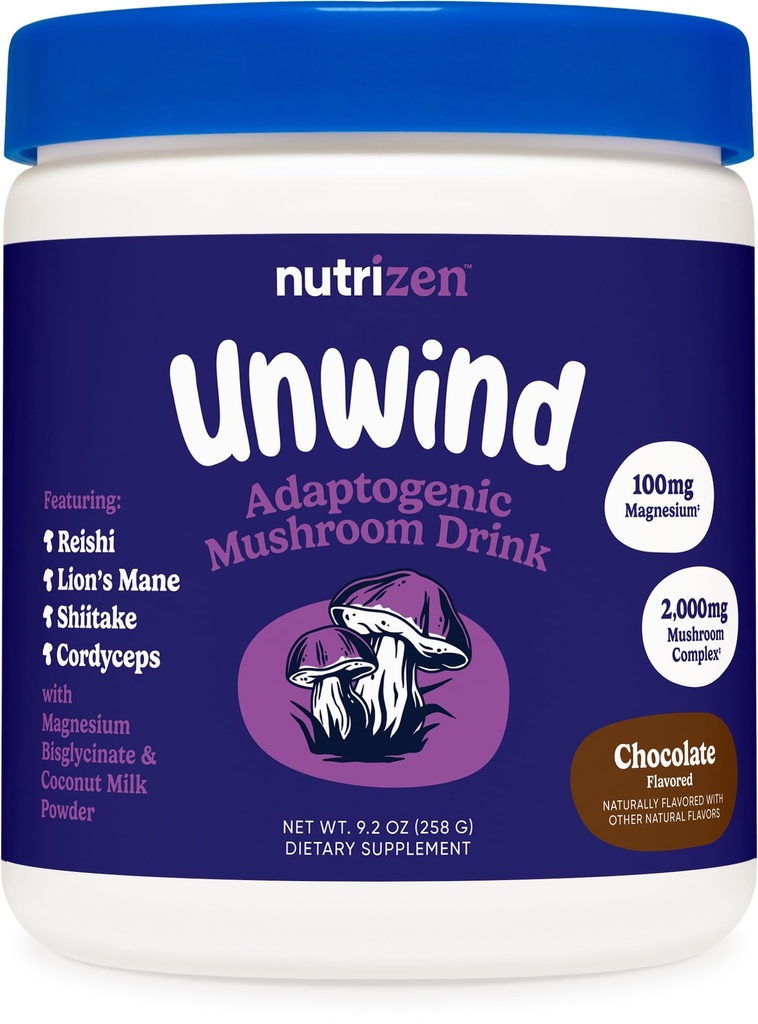 Nutricost Nutrizen PM Unwind Boissons de champignons adaptogènes (arômes de chocolat) 30 portions - Comprend Reishi, Lion's Mane, Shiitake, Cordyceps