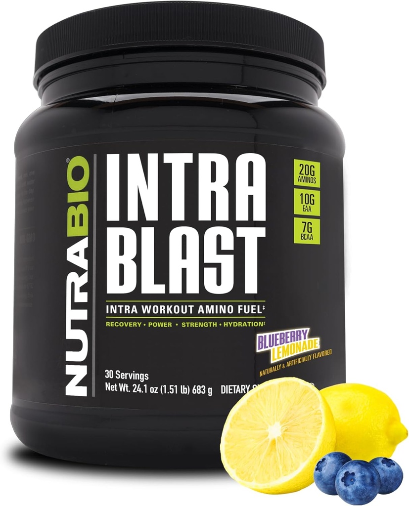 NutraBio Intra Blast Bcaa Powder Amino Acid Supplement, Elektrolyt & Hydration Blend, Intra, Pre Workout & Muskel Erholung, 20g Eaa Aminosäuren Pulver, 5g Glutamin- Blueberry Lemonade, 30 Servieren
