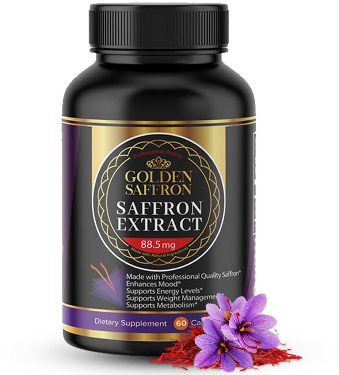 Capsules d'extrait de safran d'or - Suppléments de safran Premium - 88.50 mg Pure Safran Pills - Support d'humeur - Support des yeux - Balance émotionnelle, Focus et santé des yeux Fabriqué aux États-Unis - 60 Capsules