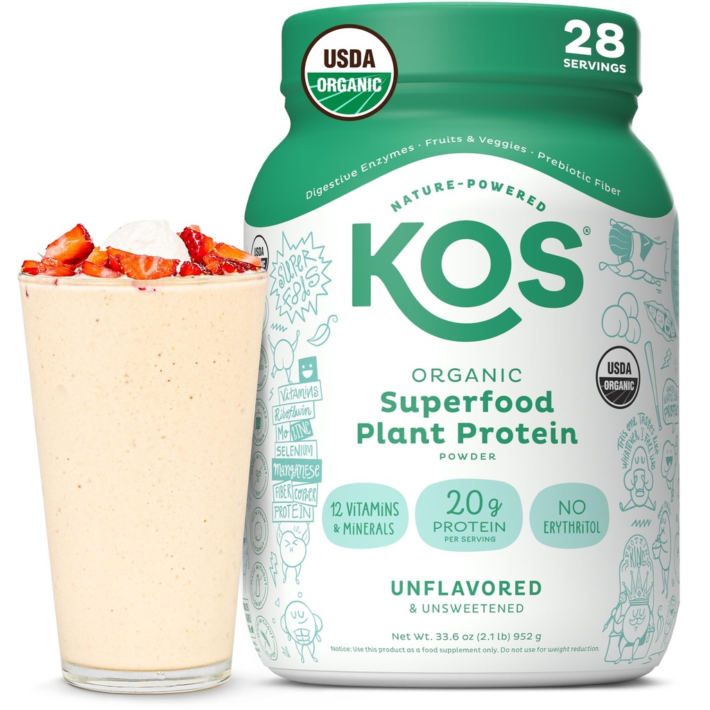 Poudre de protéines végétales KOS, non aromatisée et non sucrée - Mélange de protéines de pois à faible teneur en glucides, superaliments organiques riches en vitamines et minéraux - sans kéto, soja, laiterie - substitut de repas pour les femmes et les hommes - 28 portions