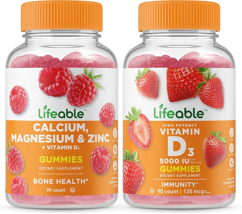 Calcium, Magnésium, Zinc et Vitamine D + Vitamine D 5000 UI, Gummies Bundle - Grand Dégustation, Supplément de vitamine, Sans gluten, Sans OGM, Chewable