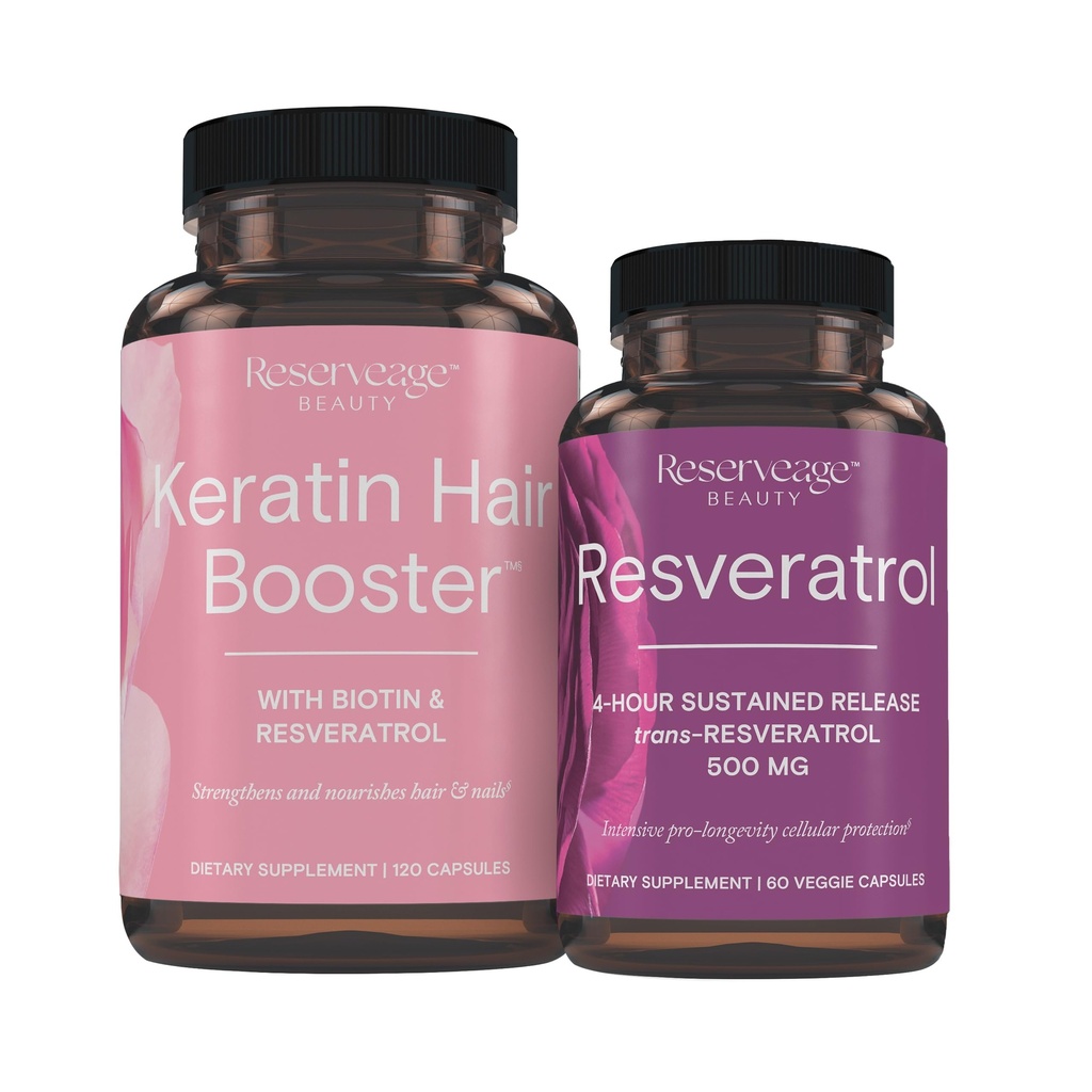 Réserve Nutrition Keratin Coiffure Booster avec Biotin & Resveratrol, Supplément de croissance des cheveux et des ongles, 120 Capsules (60 portions) et Resveratrol 500 mg, soutient le vieillissement en santé et le système immunitaire