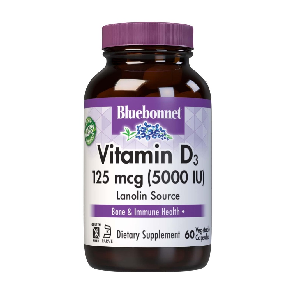 Bluebonnet Nutrition Vitamin D3 5000 IU Gemüsekapsel, Hilfsmittel im Muskel- und Skelettwachstum, Cholecalciferol von Lanolin, D3, Non GMO, Glutenfrei, Sojafrei, Milchfrei, Kosher, 60 Count