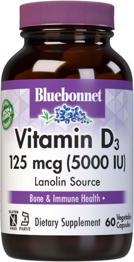 Bluebonnet Nutrition Vitamin D3 5000 IU Gemüsekapsel, Hilfsmittel im Muskel- und Skelettwachstum, Cholecalciferol von Lanolin, D3, Non GMO, Glutenfrei, Sojafrei, Milchfrei, Kosher, 60 Count