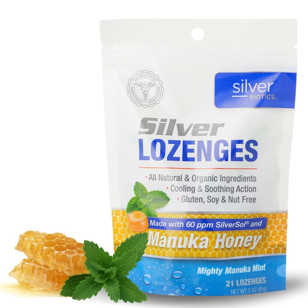 Silber Biotics Kolloidal SIlver Lozenges | 60 PPM Ag4O4 SilverSol | Immununterstützung + Throat beruhigende Lozenges | Manuka Honey | 21 Count
