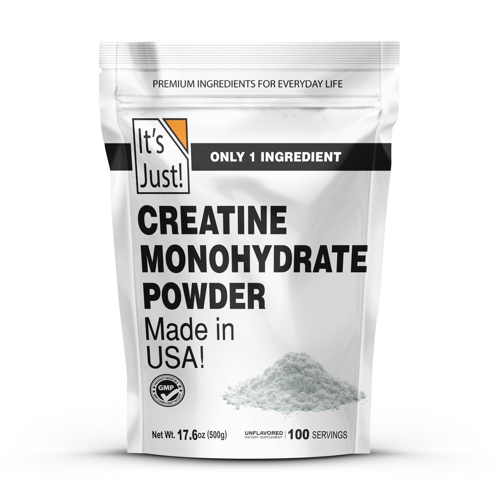 C'est juste ! - Poudre monohydratée de créatine, Poudre pure de créatine, Fabriqué aux États-Unis, Testé 3e laboratoire de parti, 5g par portion, Scoop inclus, Pas de remplissage, Pas d'arôme ajouté (non aromatisé, 500g / 100 portions)