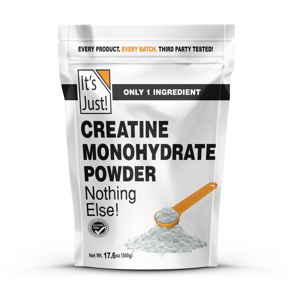 Es ist Just! - Kreatin Monohydrat-Pulver, reines Kreatin-Pulver, Made in USA, 3rd Party Lab Tested, 5g Pro Servieren, Scoop Included, No Fillers, No Added Flavor (Unflavored, 500g / 100 Servierungen)