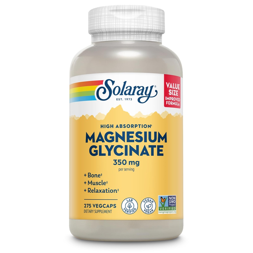 SOLARAY Magnesium Glycinate Kapseln, Chelated Magnesium Bisglycinate w / BioPerine, Höhere Absorption Magnesium Supplement - Knochen, Muskeln, Herzunterstützung, Vegan, 68 Portionen, 275 VegCaps