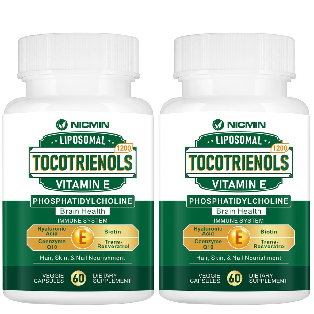 1200MG Tocotriénols de vitamine E Tocotriénols Liposomiques Tocotriénols Supplément avec Phosphatidylcholine, 95% Delta-tocotriénols et 5% Gamma-tocotriénols, haute absorption pour le cœur, fonction cérébrale 120 Capsules
