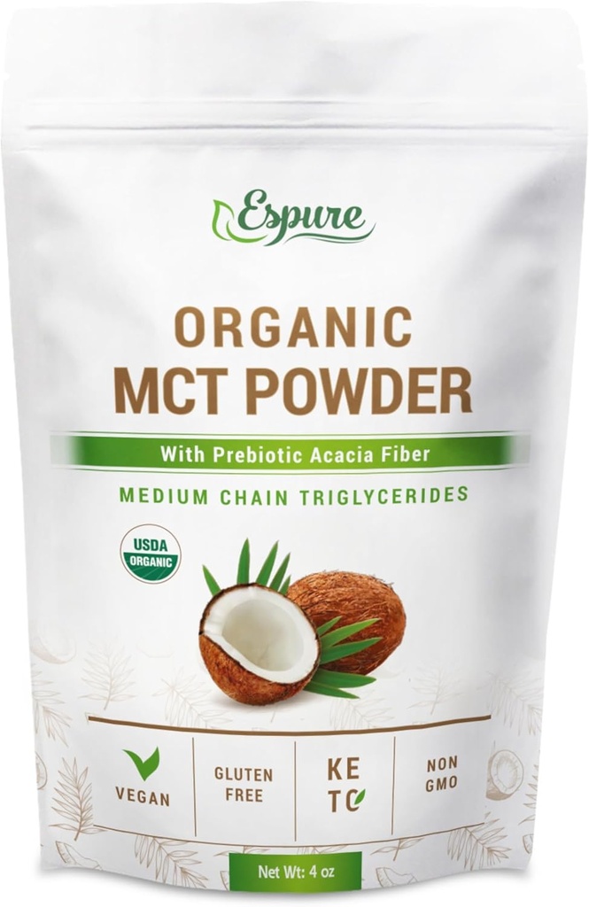 Poudre MCT biologique - USDA Certifié biologique; avec fibre d'acacia prébiotique; 4 oz