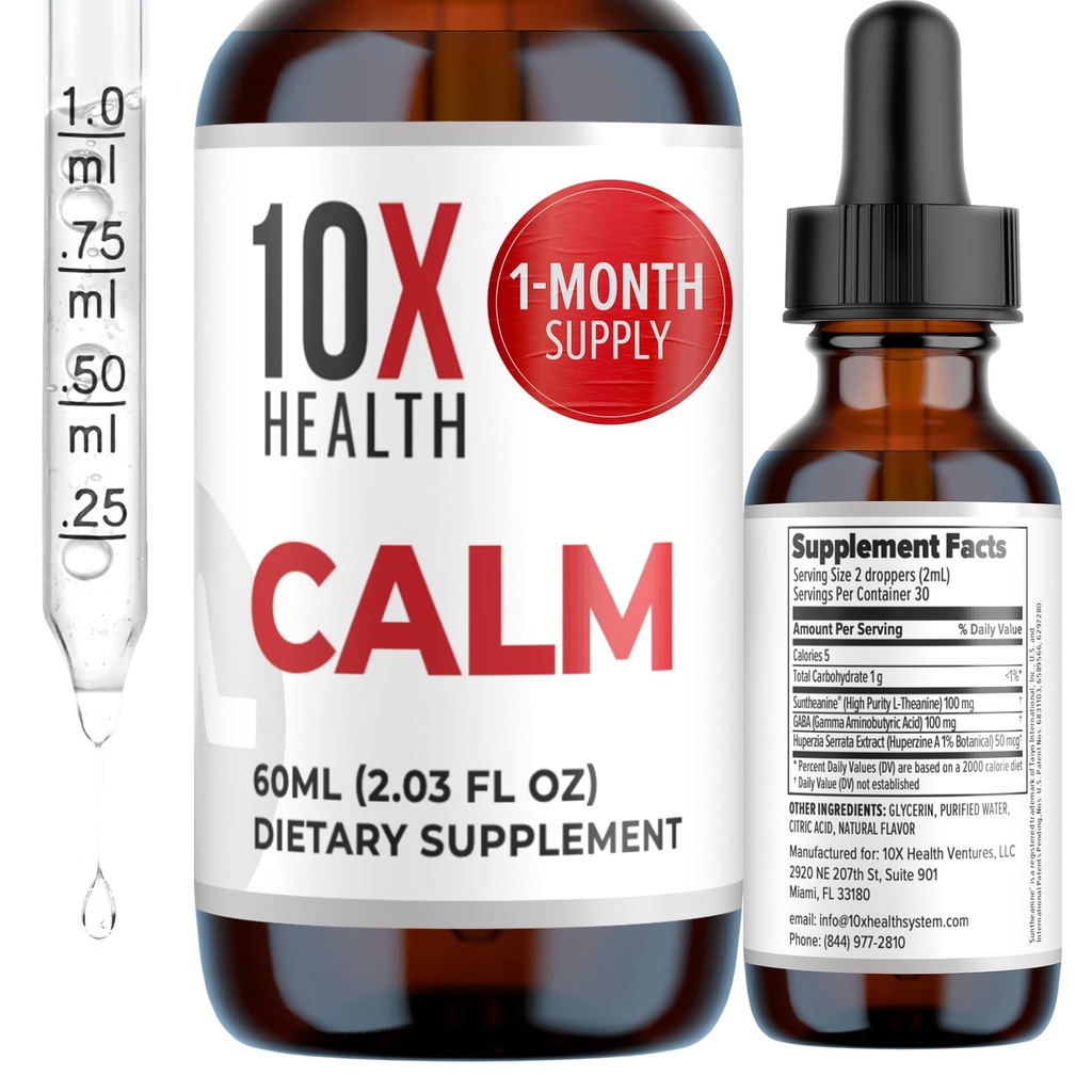 10X Santé Calm L Theanine Supplément gouttes liquides - 100mg L'Theanine gouttes et 100mg GABA suppléments pour soutenir les nerfs, le calme et le stress - saveur naturelle 2.03 Fl oz.