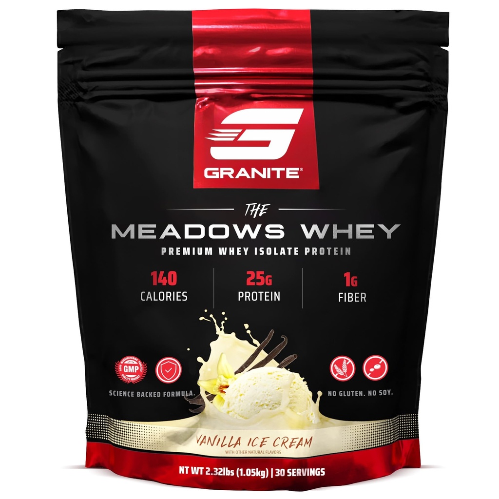 Granit Ergänzungen Die Meadows Whey Protein Isolate Protein Pulver für Lean Muscle mit 150 Kalorien, 2g Fiber, 1g Zucker (30 Servierungen), Vanille Ice Cream Flavor